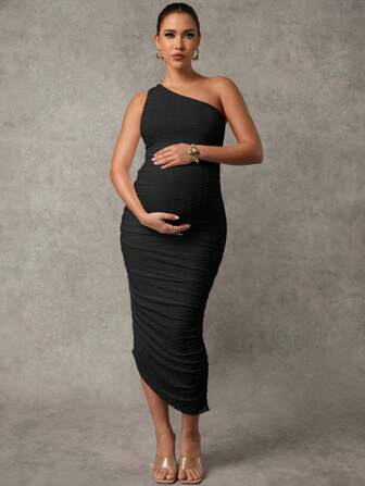 MaterniChic Vestido elegante de maternidad de unicolor sin mangas con pliegues ajustados para mujeres embarazadas