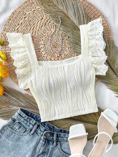 SHEIN Camiseta de manga corta cuadrada de cuello, de tela con textura, blanca, elegante, de estilo casual para vacaciones de verano para adolescentes