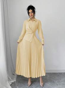 Elenzga Women Casual Solid Color Elegant Pleated Waist Midi Dress, Autumn Maxi Women Outfit