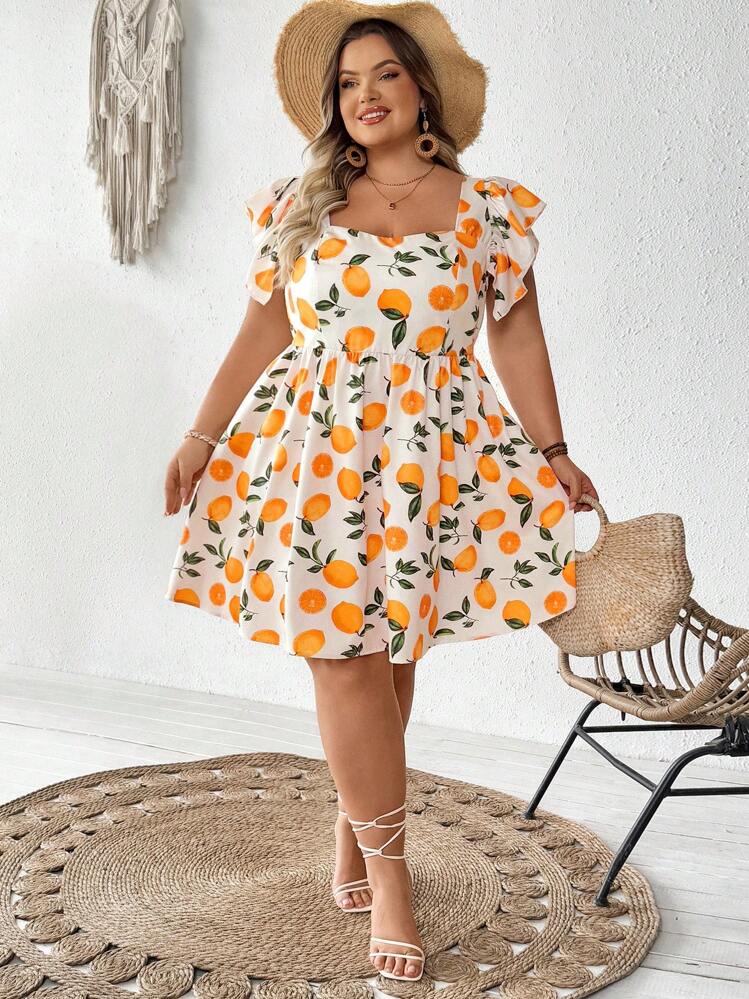 SHEIN CURVE+ Vestido mini de línea A con cuello corazón, mangas abullonadas y estampado de limón para mujer talla grande, estilo de vacaciones bohemio para el verano - Multicolor - Añade 8