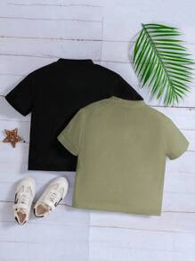 SHEIN 2pcs/Set Young Boy Casual Basic Knitted Short Sleeve T-Shirt And Fashionable Sports Stand Collar Shirt For Summer Top For Kids>Plainplain Baby Boys Setsplain Teesgetaway,Holiday,Travel,Relax,Sunbathing,Summer - Multicolor - View 2