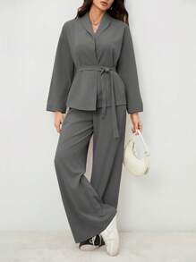 SHEIN Tall Elegant & Casual Vacation/Commute Women Collar Tie Waist Loose Shacket With High Waist Soft Pants, Suitable For Autumn & Summer - Grey - View 6