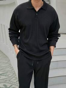 Manfinity Homme Men's Casual Versatile Black Long Sleeve Polo Shirt And Pants Set - Black - View 2