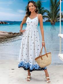 SHEIN LUNE Women's Casual Butterfly Print Strap Mid-Calf Dress - Multicolor - View 2