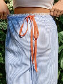 SHEIN Maternity Casual Striped Drawstring Waist Wide Leg Loose Pants - Blue and White - View 6