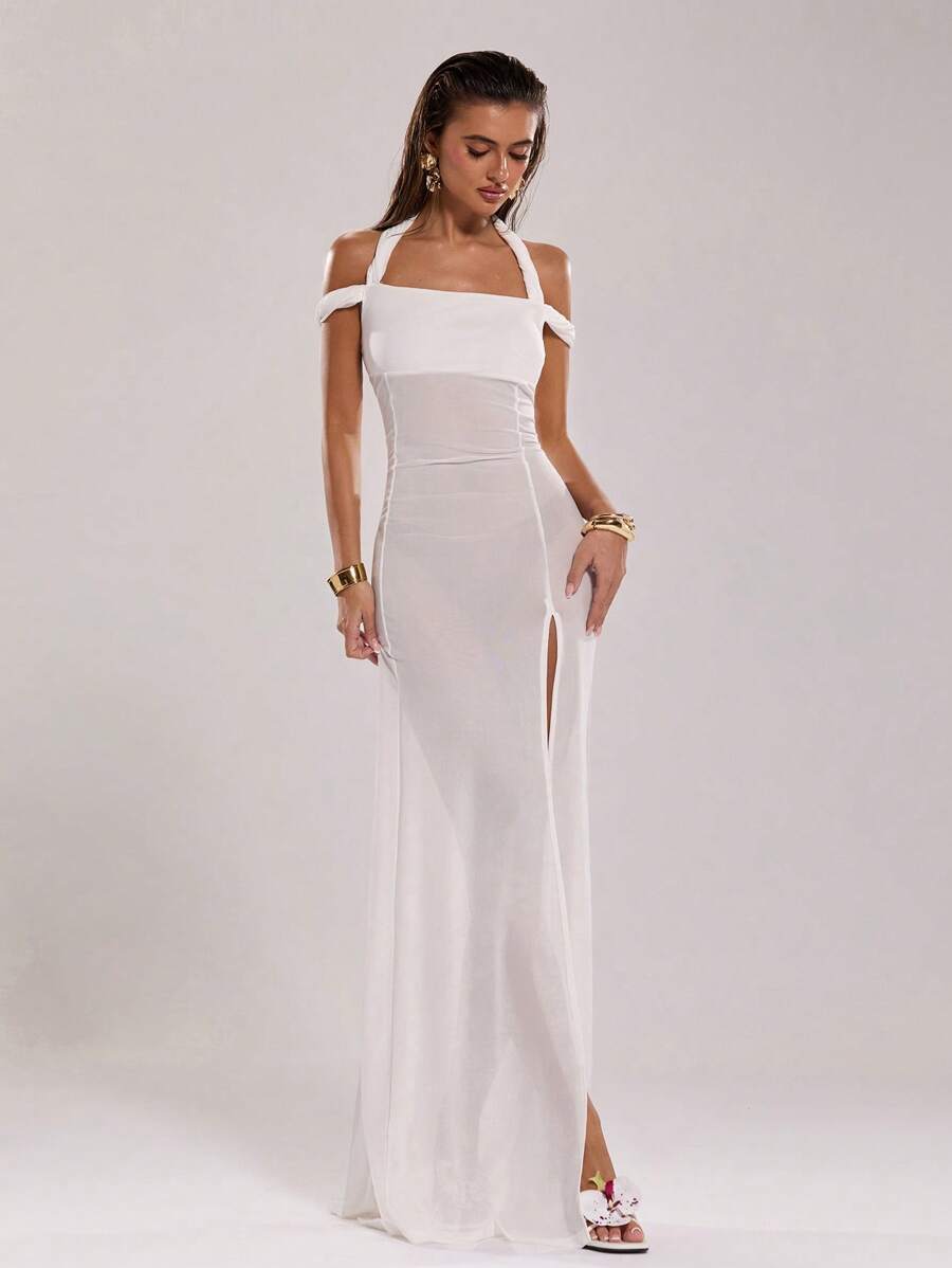 SHEIN BAE Women Open Shoulder Solid Color Side Slit Hem Sexy Cover-Up Dress - White - View 1