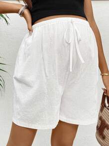 SHEIN Women's Maternity Casual White Woven Fabric Shorts With Lace-Up Detail And Semi-Sheer Finish - White - View 3