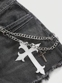 ROMWE Grunge Punk Quần short denim tua rua thường ngày in chữ và chữ thập cỡ lớn cho nữ - màu đen - Xem 3
