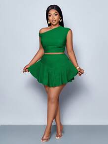 SOLERSUN Set da donna taglia curvy con top a spalle inclinate e gonna asimmetrica, adatto per San Valentino, uso quotidiano, appuntamenti, feste, concerti, Capodanno, primavera, estate, laurea, San Patrizio, in colore verde