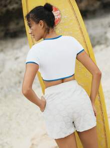 女士休闲沙滩，贝壳图案提花面料，抽绳腰袋沙滩短裤 - 白色 - 查看 4