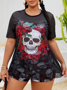 Slaydiva Plus Size 3pcs/Set Punk Skull & Rose Print Tankini Set With Cover-Up Top, Summer, Halloween - Multicolor - View 3