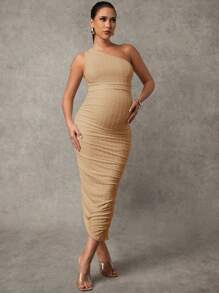 MaterniChic Pregnant Women's Solid Color Sleeveless Ruched Fitted Dress Maternity Dress - Khaki - View 5