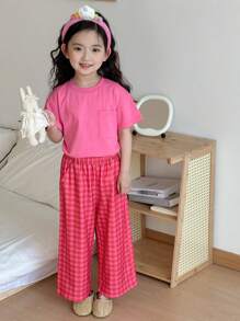 Dazy Kids 年轻女孩简约纯色短袖上衣和格子长裤家居服套装 - 玫紅色 - 查看 4