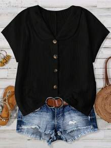 SHEIN LUNE Plus Size Casual Solid Color Textured Collar Short Sleeve Shirt - Black - View 1