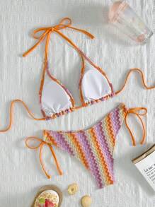 Swim Vcay 2 件套女士彩色波浪条纹图案特殊面料系带三角泳衣，简约优雅度假风格 - 彩色 - 查看 7