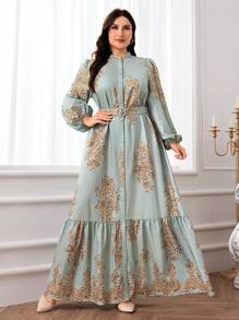 Modelyn Vestido elegante de talla grande para mujer con estampado floral, de abotonadura simple y manga farol