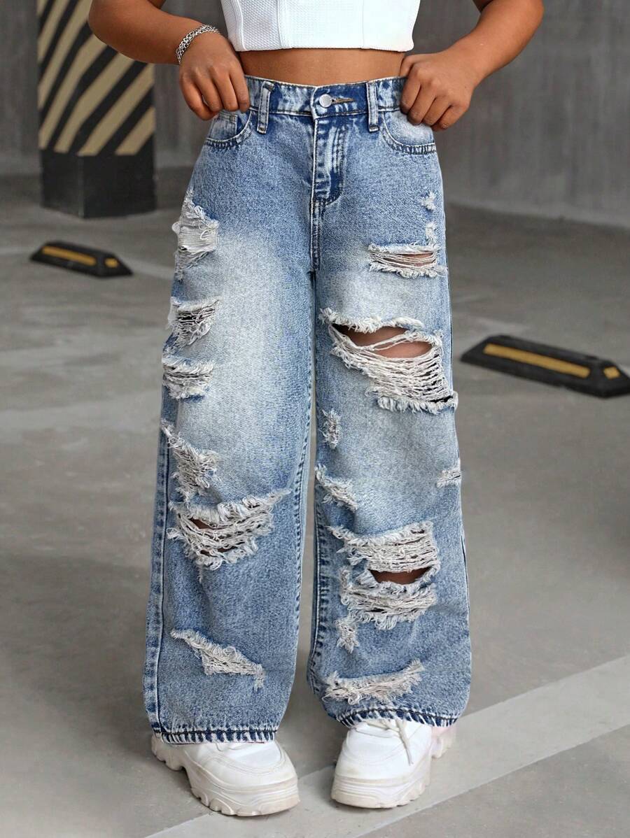 SHEIN Tween Girl Y2K Loose Fit Casual Denim Pants With Pockets And Wide Legs, Kids Fall Back To School Denim Jeans, Kid Tween Girl Spring And Summer Casual Vacation Country Boho Wear, Beach For Kid Tween Girl, Western Street Wear For Girl, Spring Break, Rave Festival Denim Jeans - Light Wash - View 1