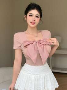 DAZY Áo thun ngắn tay ôm dáng cổ vuông, đính nơ, gợi cảm dành cho nữ, thích hợp cho mùa hè, ngày Valentine. - Hồng - Xem 8