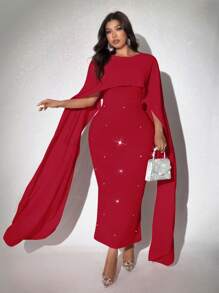 SHEIN Unity 大码女式水钻装饰斗篷设计修身优雅连衣裙