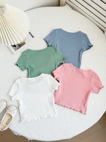 Set de 4 blusas de manga corta con volantes y diseño de niña de unicolor casual para bebé - Multicolor - Ver 2
