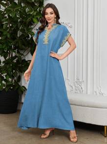 Al Najma 刺绣立领无袖优雅连衣裙，卡夫坦 - 藍色 - 查看 5