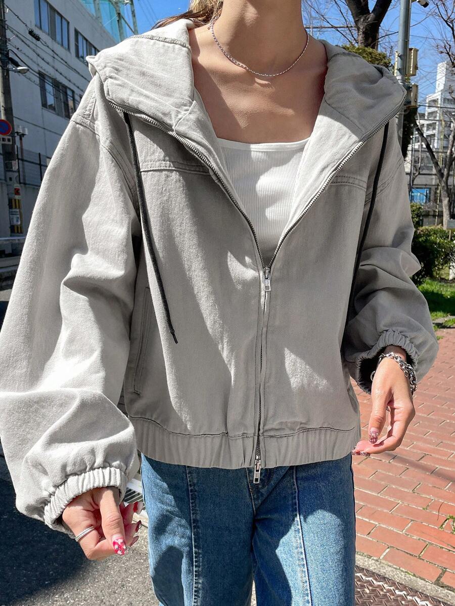 FRIFUL 女士休闲洗水牛仔连帽夹克 - 淺灰色 - 查看 1