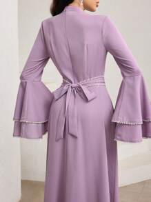 Veilorie 女士优雅阿拉伯风格珍珠装饰喇叭袖连衣裙 - 粉色 - 查看 3