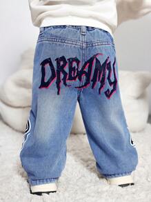 SHEIN Pantalones vaqueros casuales de vestir holgados con estampado de llama y letras para bebé niño - Lavado ligero - Ver 3