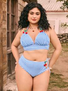 Swim Mod 大码女式 2 件套可爱樱桃装饰抽绳腰部蝴蝶结比基尼泳装 - 彩色 - 查看 5