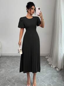 Rafferiza 法式优雅时尚日常百搭灯笼袖圆领收腰褶皱下摆长裙，无弹力，红色，女士春夏 - 黑色 - 查看 1