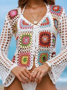 Swim Vcay Handmade Crochet Floral Casual Bohemian Style Beach Cover Up/Kimono (Floral Pattern Color Randomly Picked) - Multicolor - View 5