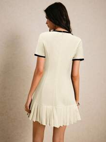 Poéselle Women's Round Neck Short Sleeve Pleated Hem Mini Dress,Summer Dresses For Women - Apricot - View 2
