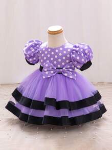 SHEIN Glamorique Kids 女宝宝圆点印花蝴蝶结装饰网眼边饰公主裙 - 淡紫色 - 查看 3