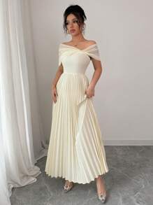 Rafferiza 优雅女士褶皱网眼拼布连衣裙 - 杏色 - 查看 6