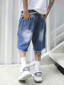 Manfinity Roughcore 男式宽松棉质破洞毛边牛仔短裤，emo 风格