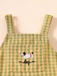 Souflis Souflis Cute Puppy Embroidery Toddler Boys' Splice Plaid Pocket Bib Shorts, Casual Street Style, Spring/Summer - Green - View 3