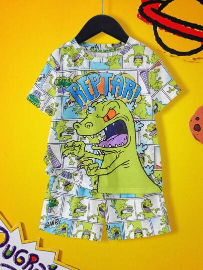 Nick 90s | SHEIN Conjunto de 2 piezas de niño pequeño que incluye camiseta con cuello redondo estampado de dinosaurios de dibujos animados y pantalones, conjunto de estilo divertido de los años 90