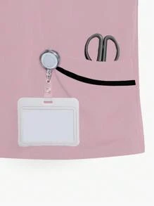 TaskEZ Women Contrasting Color Trim Short Sleeve Top, Scrub Tops - Baby Pink - View 8