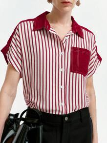 SHEIN LUNE Minimalist Contrast Color Block Striped Shirt, Sleeveless/Short Sleeve Unisex Style Blouse, Spring/Summer - Redwood - View 1