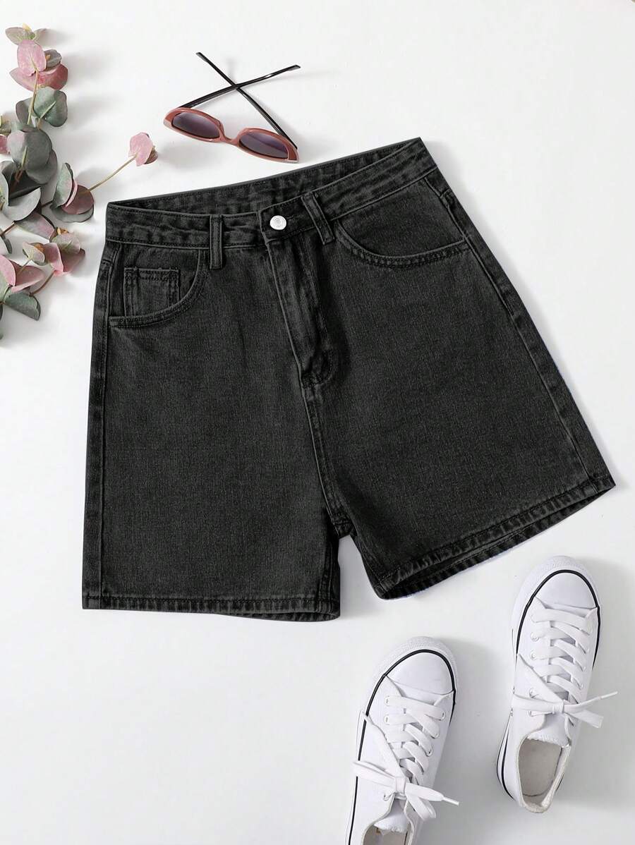 SHEIN EZwear 夏季休闲洗水牛仔短裤 - 黑色 - 查看 1