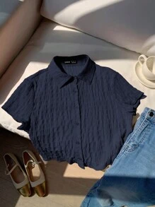 Comfortcana 女士单排扣海军蓝皱褶雪纺短袖衬衫
