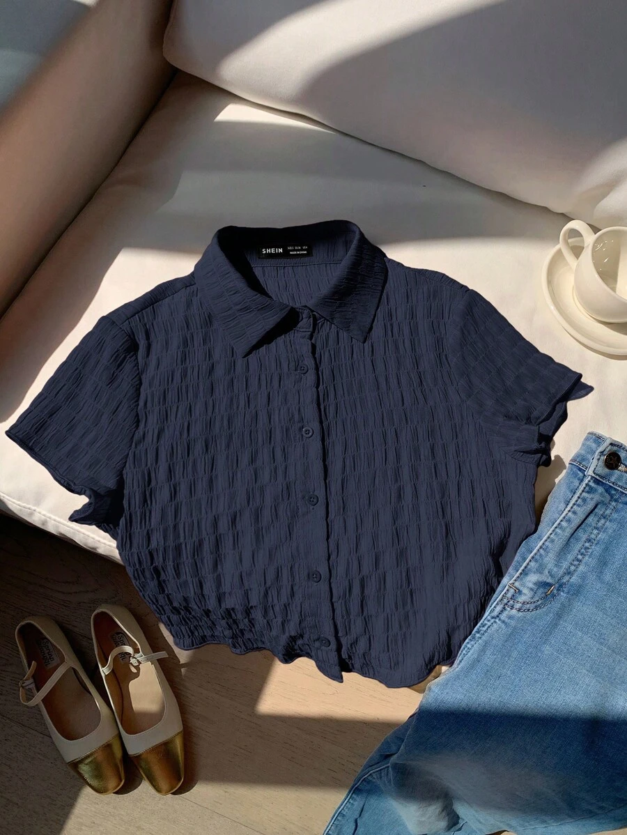 Comfortcana 女士单排扣海军蓝皱褶雪纺短袖衬衫