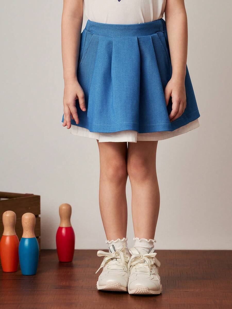 PrepCrw Young Girls' Blue Pleated Mini Skirt, Preppy Style For Spring/Summer - Blue - View 1