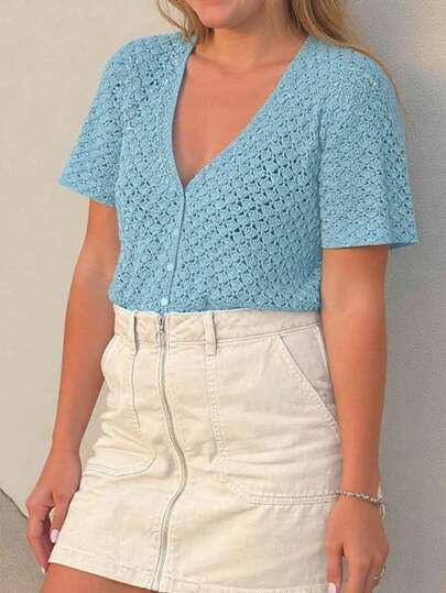 INAWLY 女士纯色镂空短袖单排扣休闲开衫