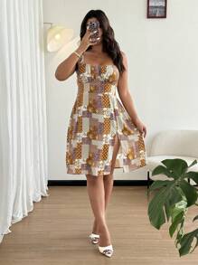 Flirla 时尚性感细肩带波西米亚风开衩连衣裙 - 彩色 - 查看 1