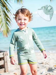 3pcs/Set Baby Boy Ocean Turtle Print Long Sleeve Zipper Two Pieces Swimwear Set With Sun Hat - Army Green - View 3
