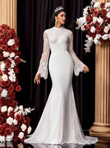Glamrae Elegant Luxurious Lace Patchwork Elastic Knit Sheer Long Sleeve Bodycon Mermaid Dress, Suitable For Wedding, Party, Honeymoon, Bridal, Bride - Beige - View 4