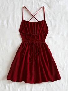 Soleia Sexy Red Cross Strap Backless Camisole Mini Dress - Burgundy - View 2