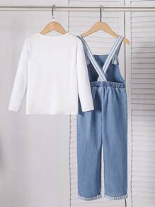2pcs/Set Toddler Boys Casual College Style White Round Neck Long Sleeve T-Shirt And Blue Washed Denim Bib Overall Pants - Blue - View 2