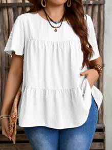 EMERY ROSE Blus Longgar Lengan Pendek Berkerut Leher Bulat Warna Polos untuk Wanita Ukuran Besar, Gaya Boho untuk Wanita/Musim Panas, Pakaian Barat Wanita, Pakaian Liburan Wanita - Putih - View 2